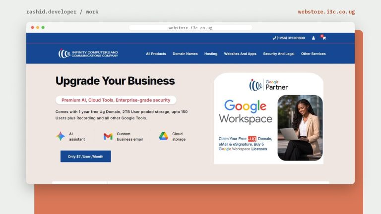 Homepage of a domains, hosting and Google Workspace webstore