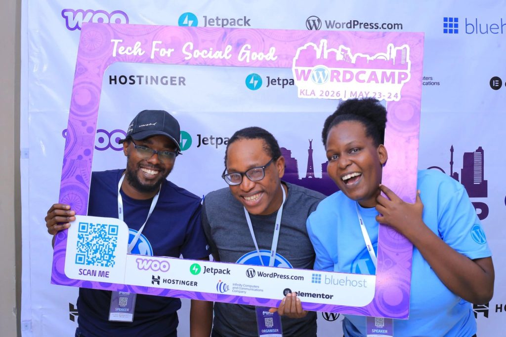 Rashid Migadde with a fellow speaker and an organiser at the WordCamp Kampala 2026 photo frame