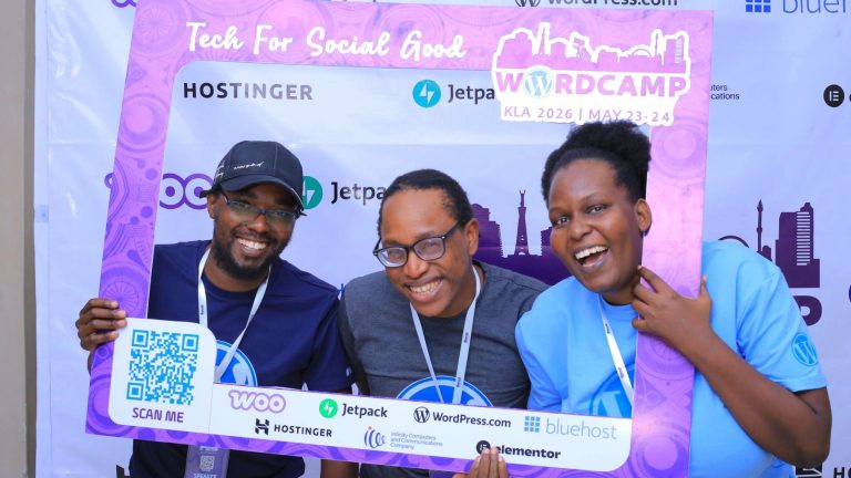 Rashid Migadde with a fellow speaker and an organiser at the WordCamp Kampala 2026 photo frame