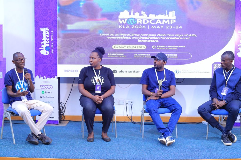 Panel discussion on stage at WordCamp Kampala 2026